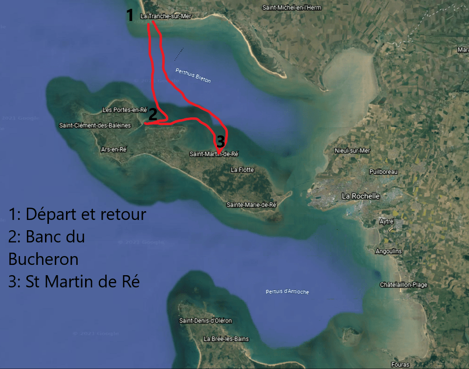 Programme de la balade en mer entre La Tranche-sur-Mer et l'île de Ré, combinant une escale au banc du Bûcheron et une visite de Saint-Martin de Ré.